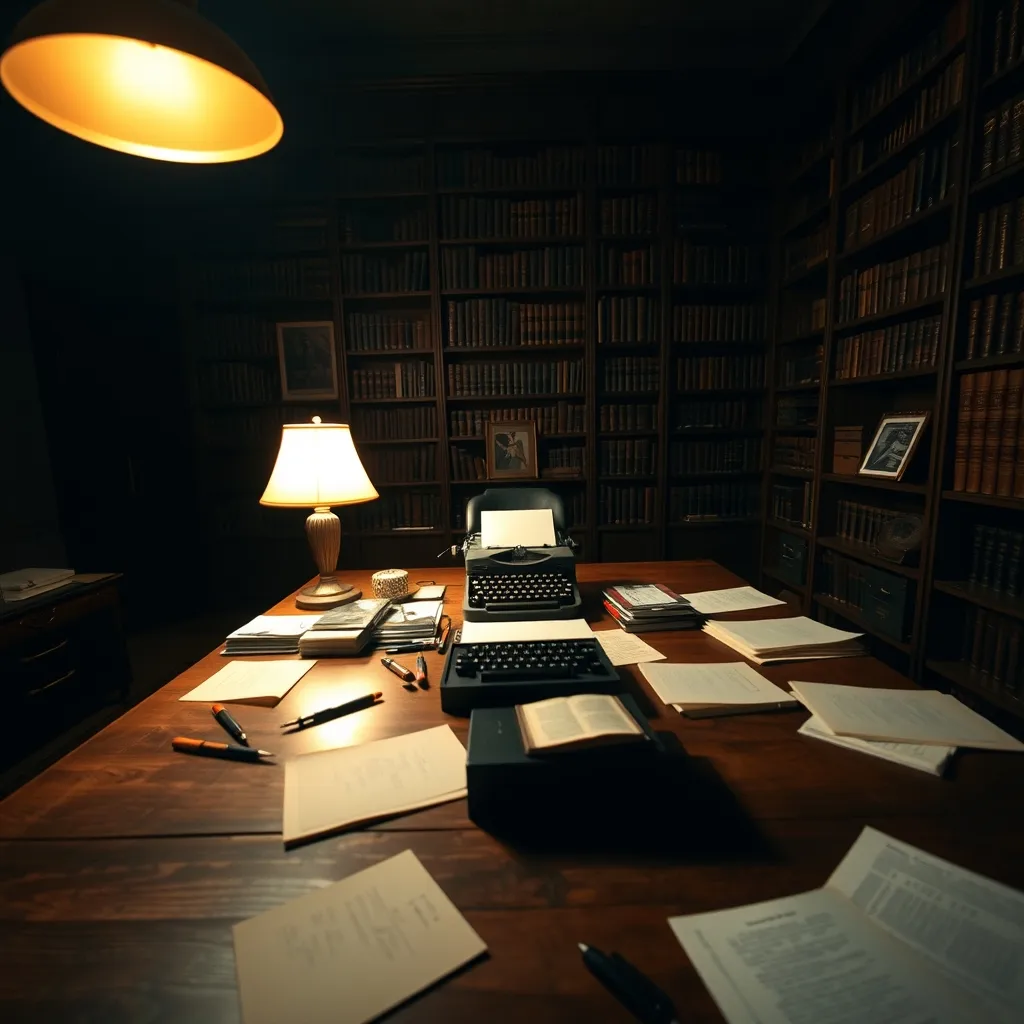 desk with papers and typewriter