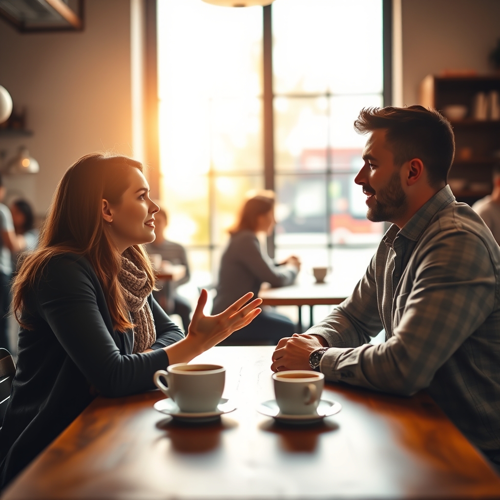 Two people talking over coffee