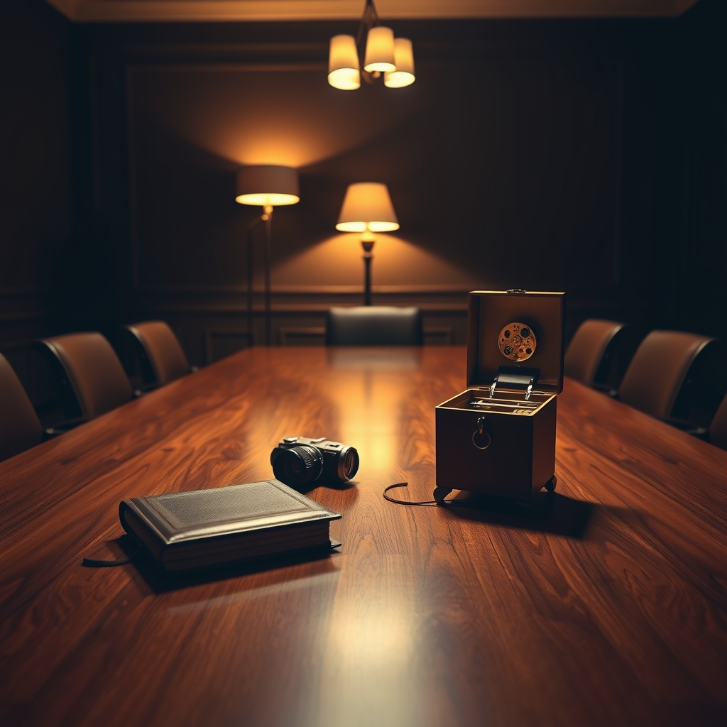 table with book, camera, music box