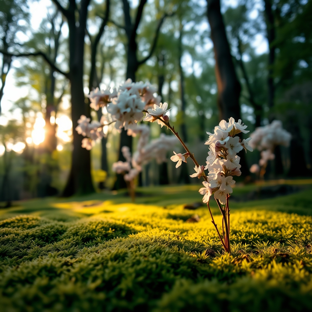 pink blossoms on forest floor