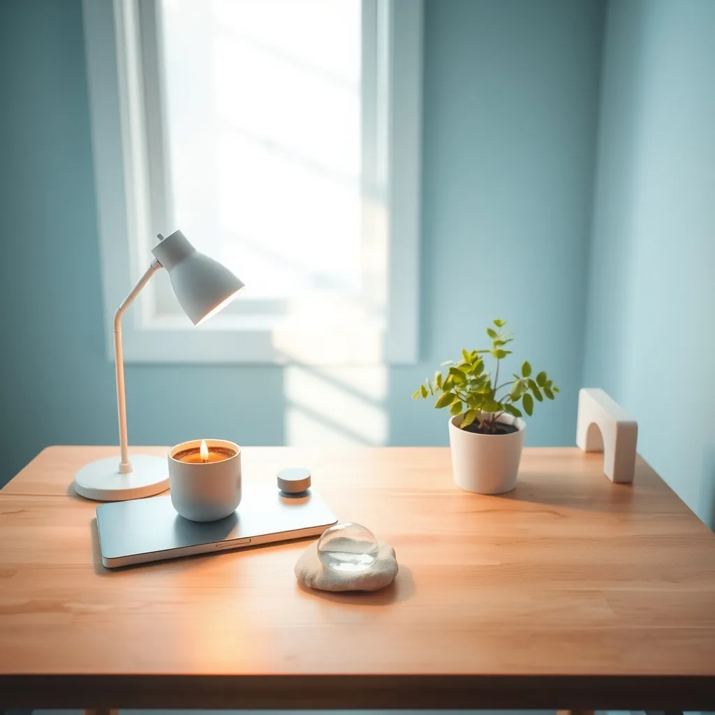 desk with plant and candle