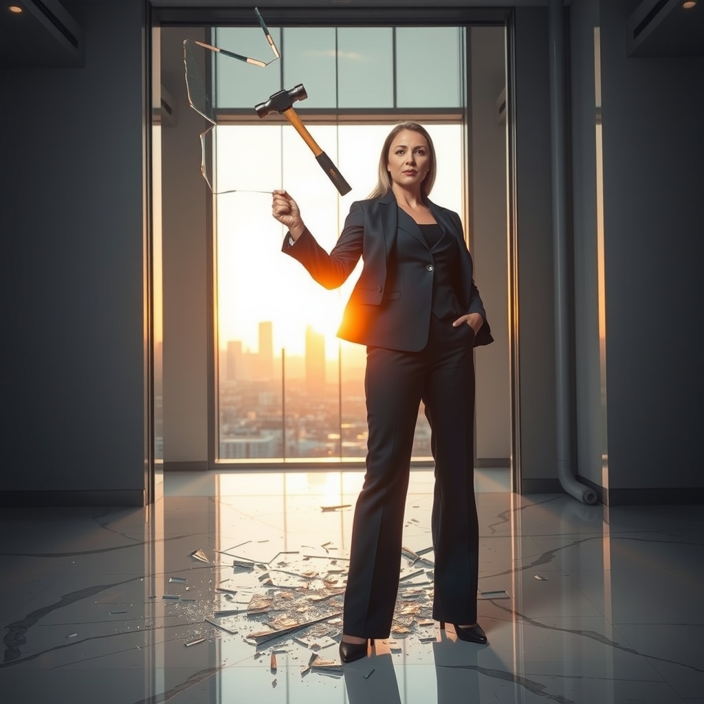 Woman on ladder touching glass