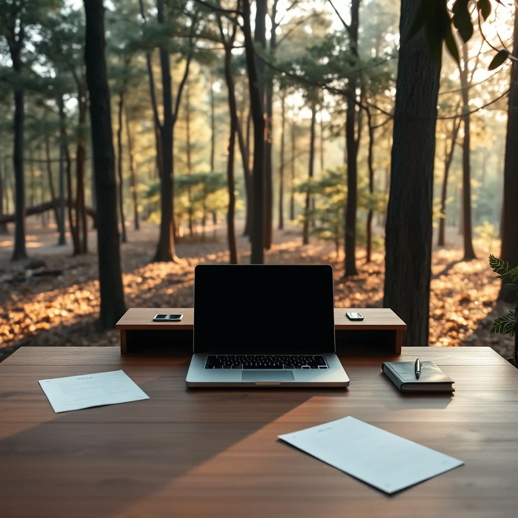 Desk with laptop and papers
