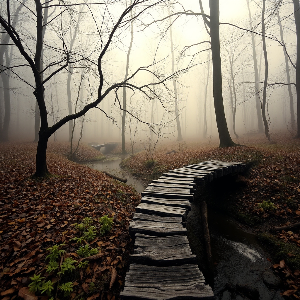 misty forest with old bridge