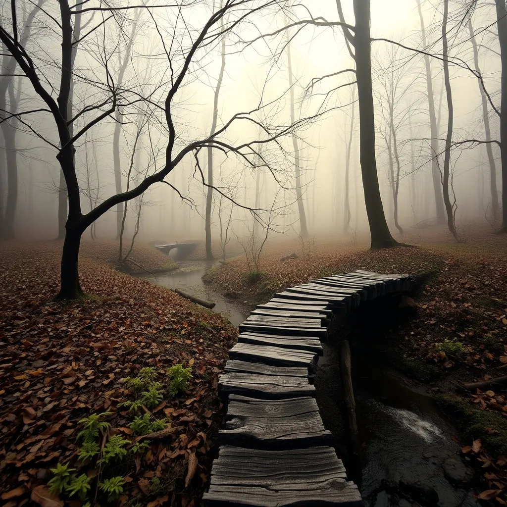 misty forest with old bridge