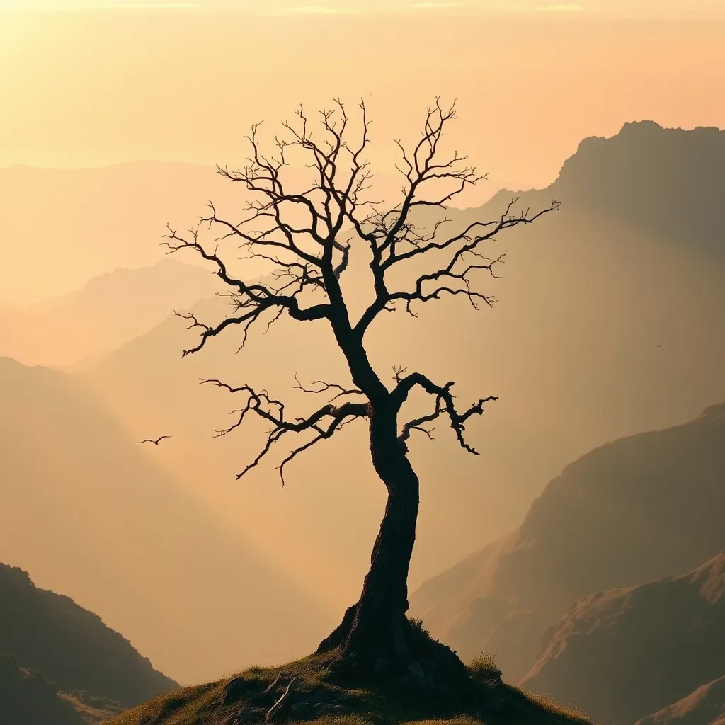 tree in misty mountains