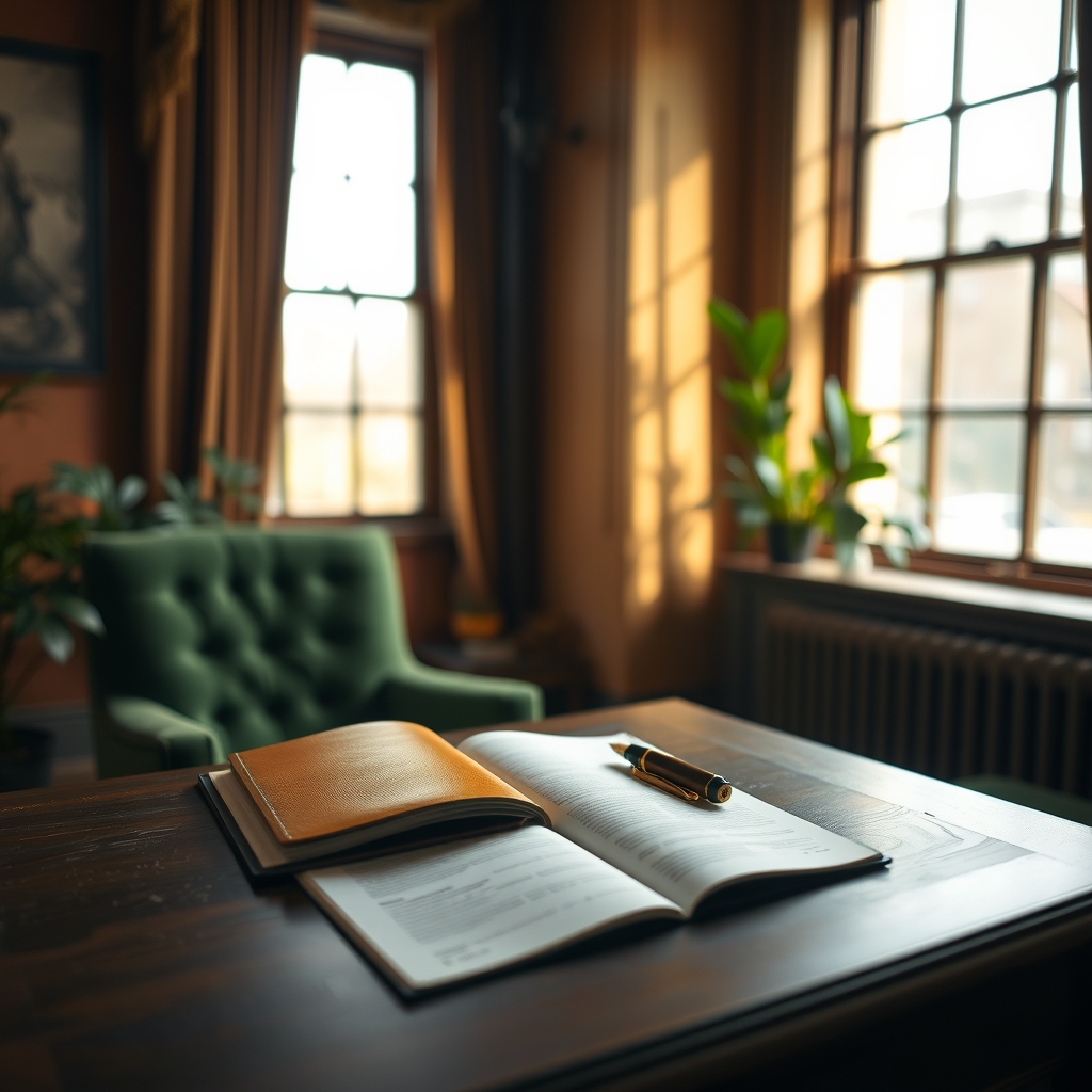 Desk with book and pen