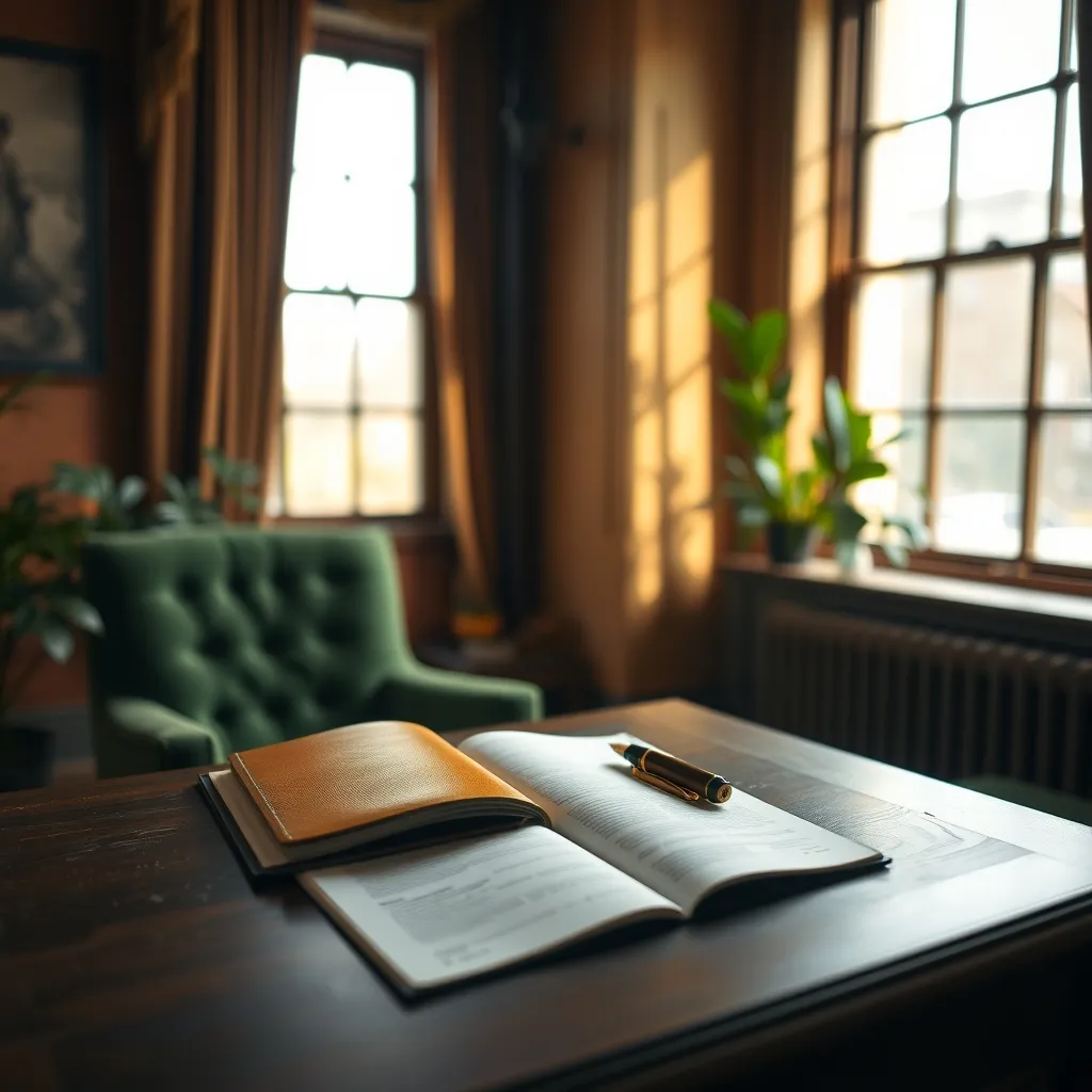 Desk with book and pen