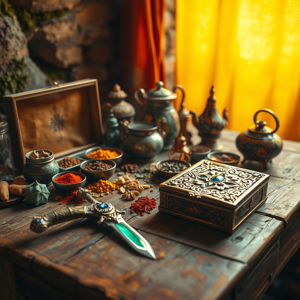 spices and ceramics on table