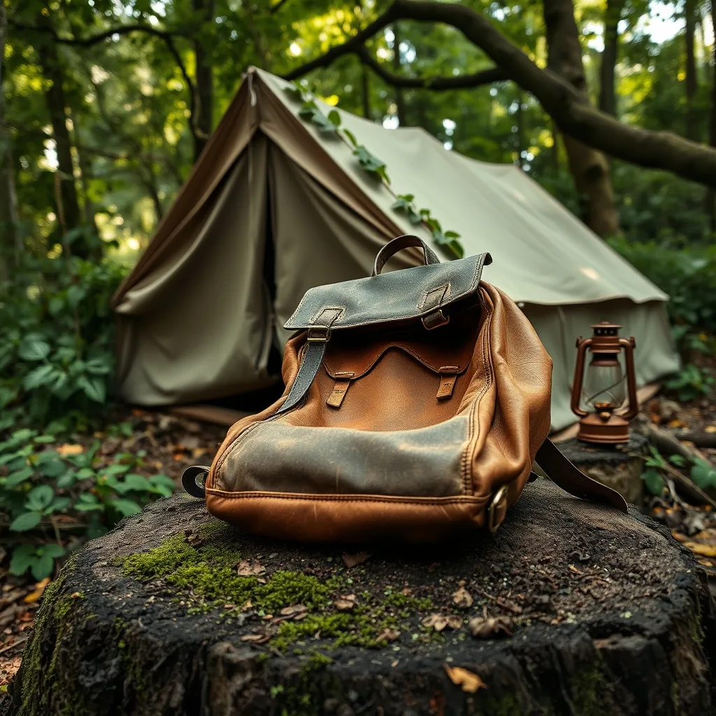 old backpack on tree stump