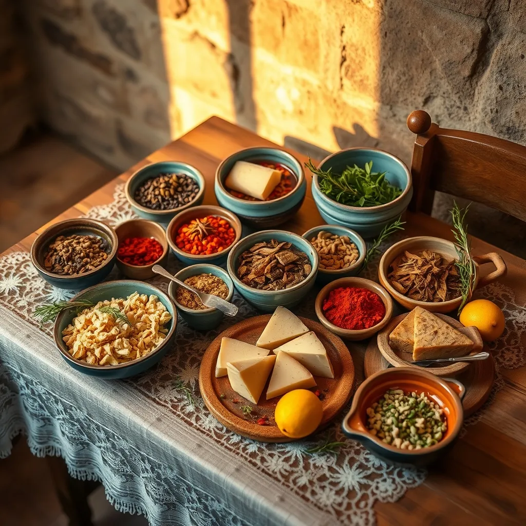 table setting with food and spices