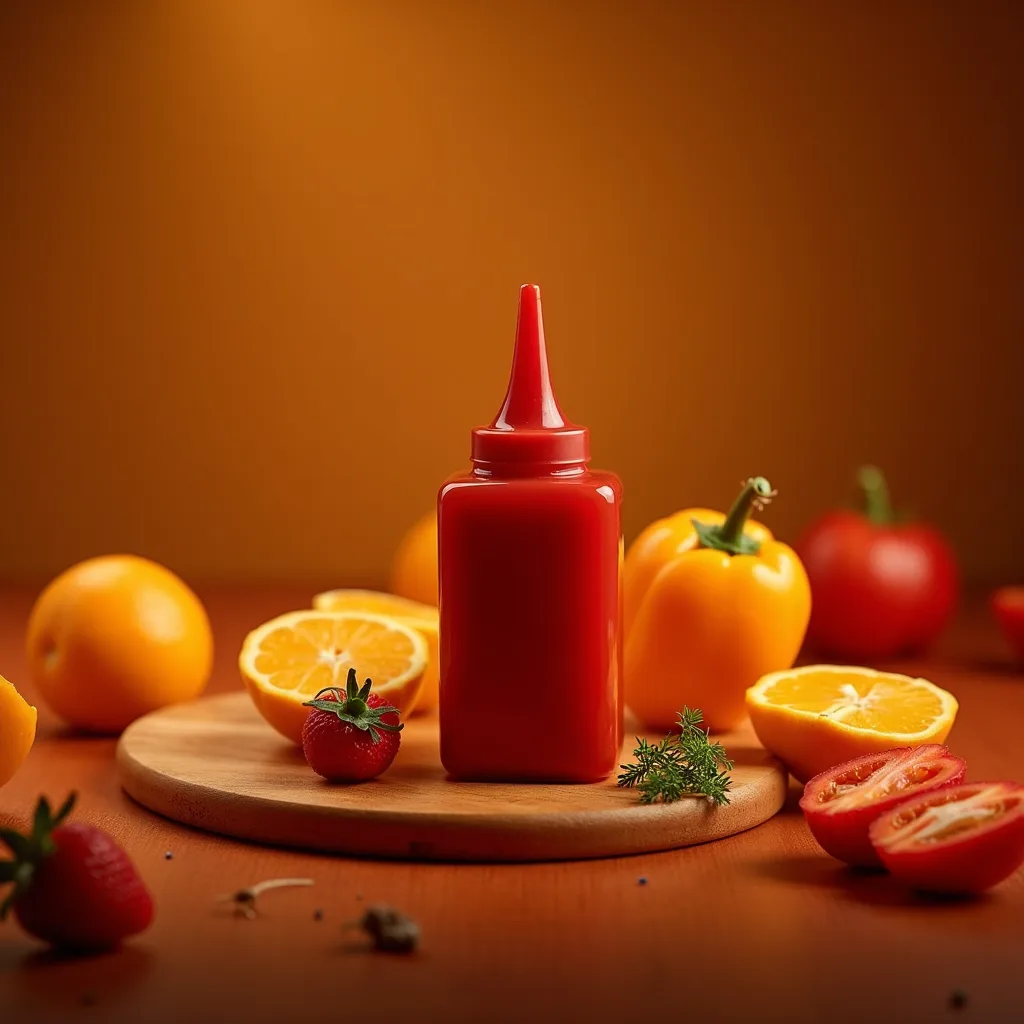 Ketchup bottle and tomatoes