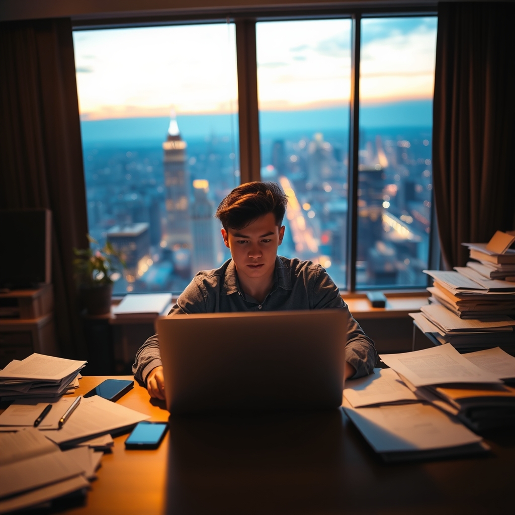 person at desk with city view