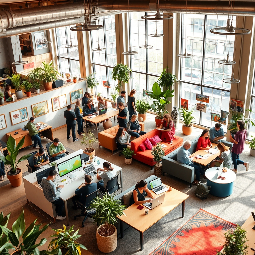 Office workspace with people working