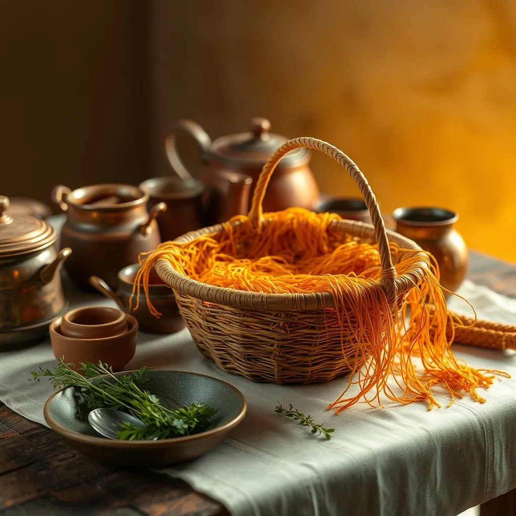 Basket with threads and dishes