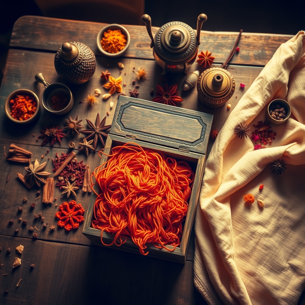 Spices and threads on wood table
