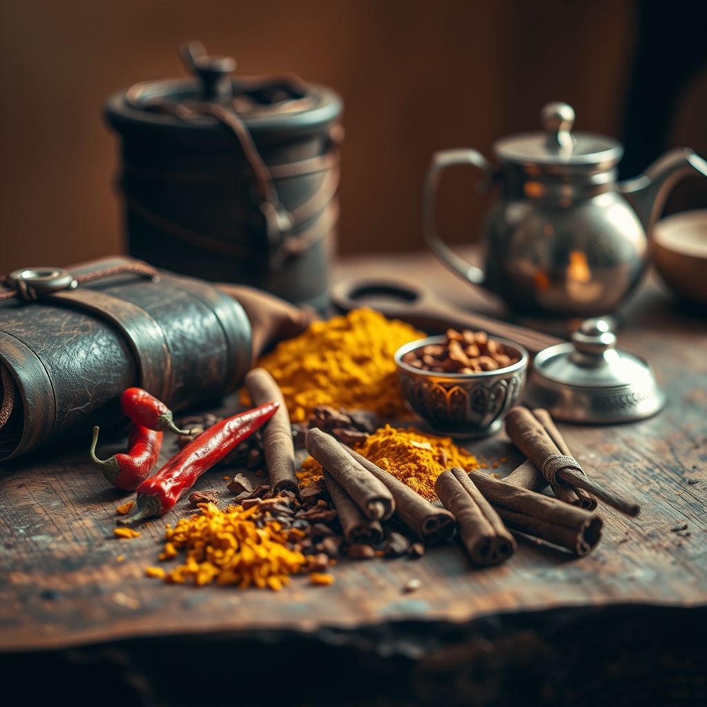 Spice Routes and Memories Spices on wooden table