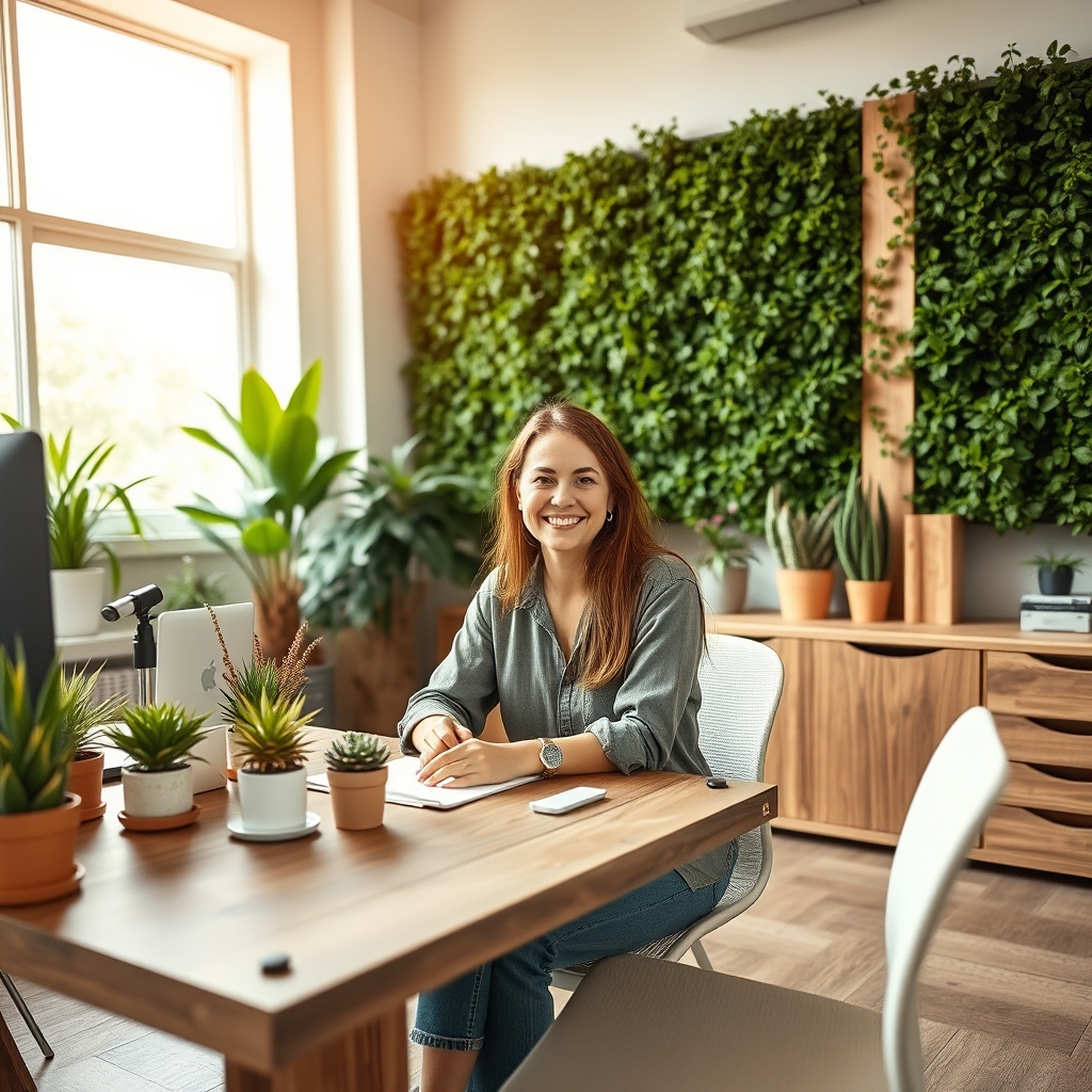 Woman at desk in green office