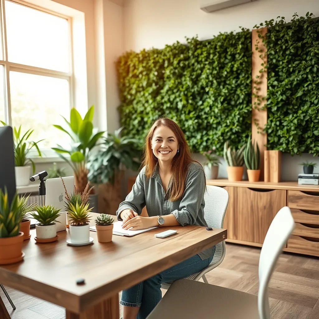 Woman at desk in green office