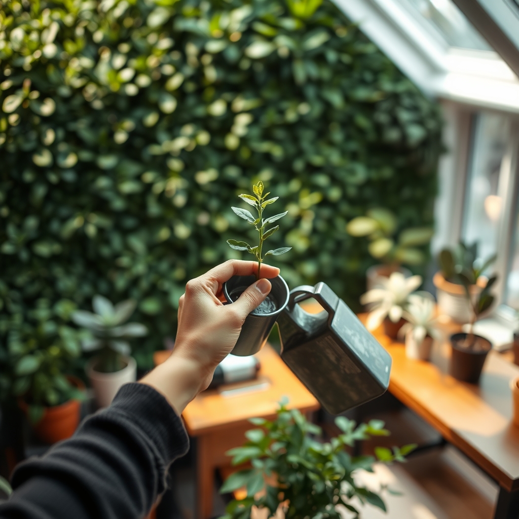 hands watering plant