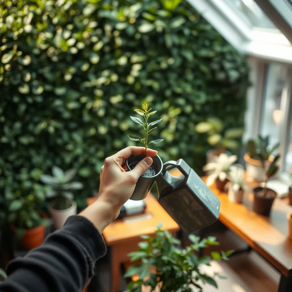 hands watering plant