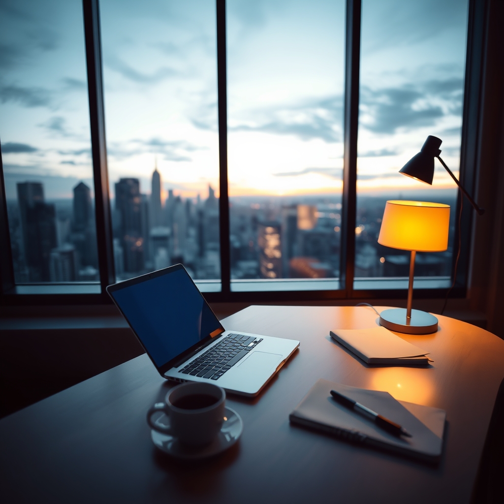 laptop on desk at dawn