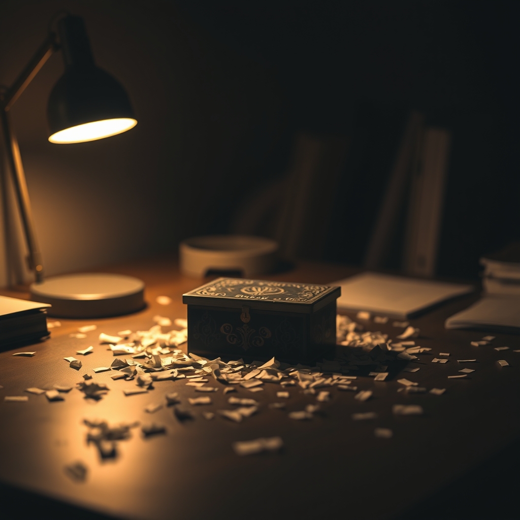 The Art of Microfiction Desk with box and papers