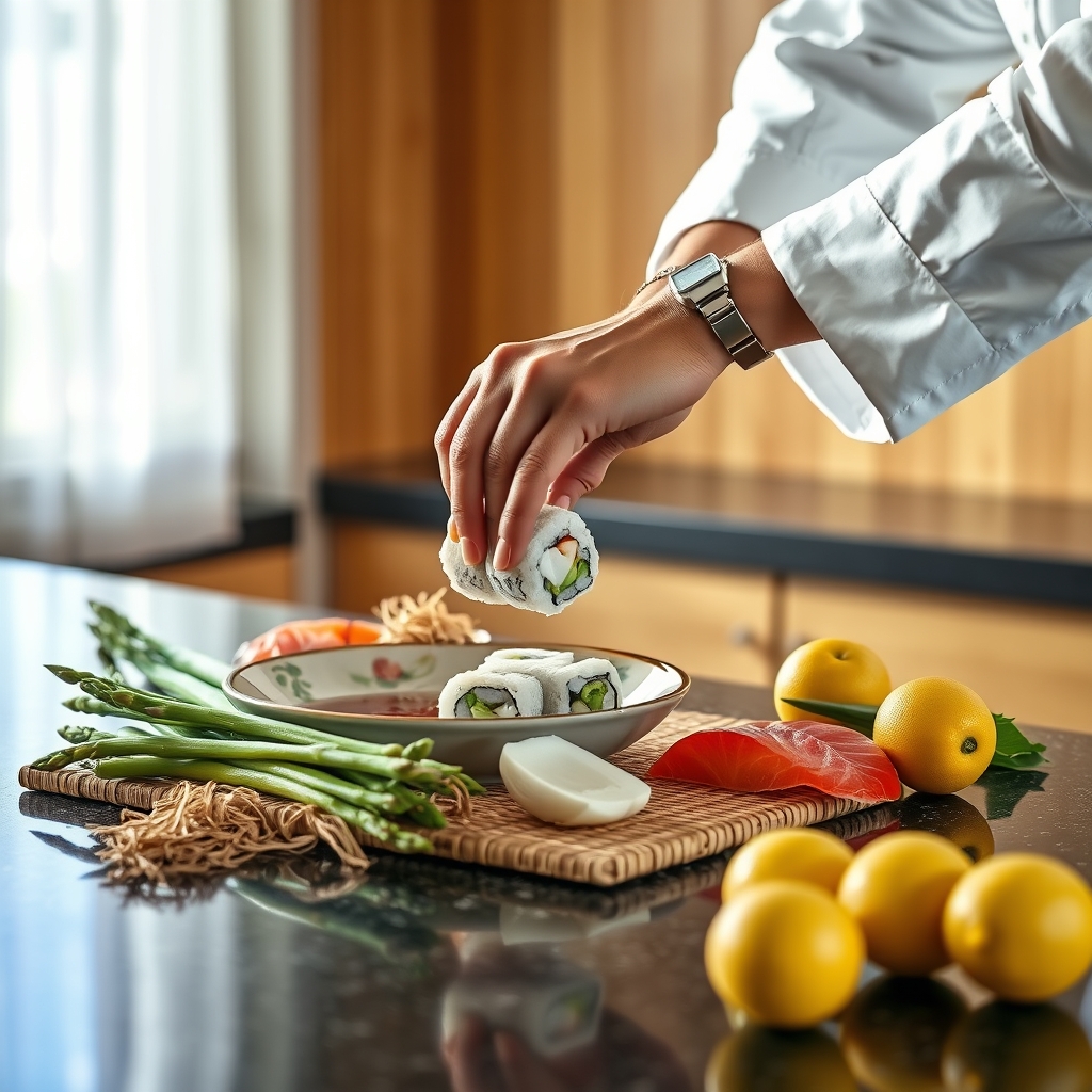 Chef's hands making sushi