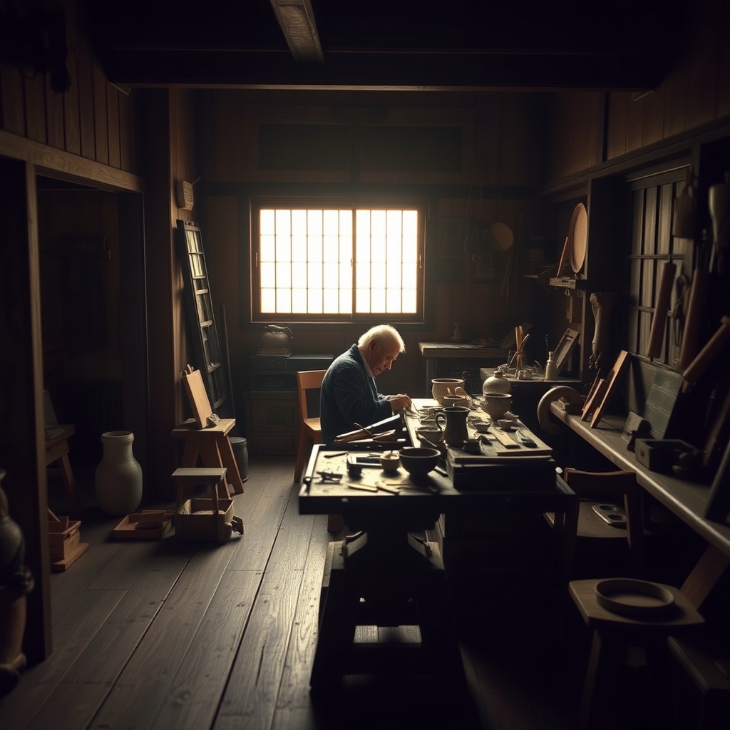 Old artisan at workbench