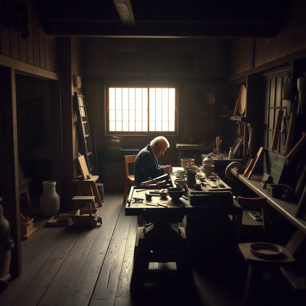 Old artisan at workbench