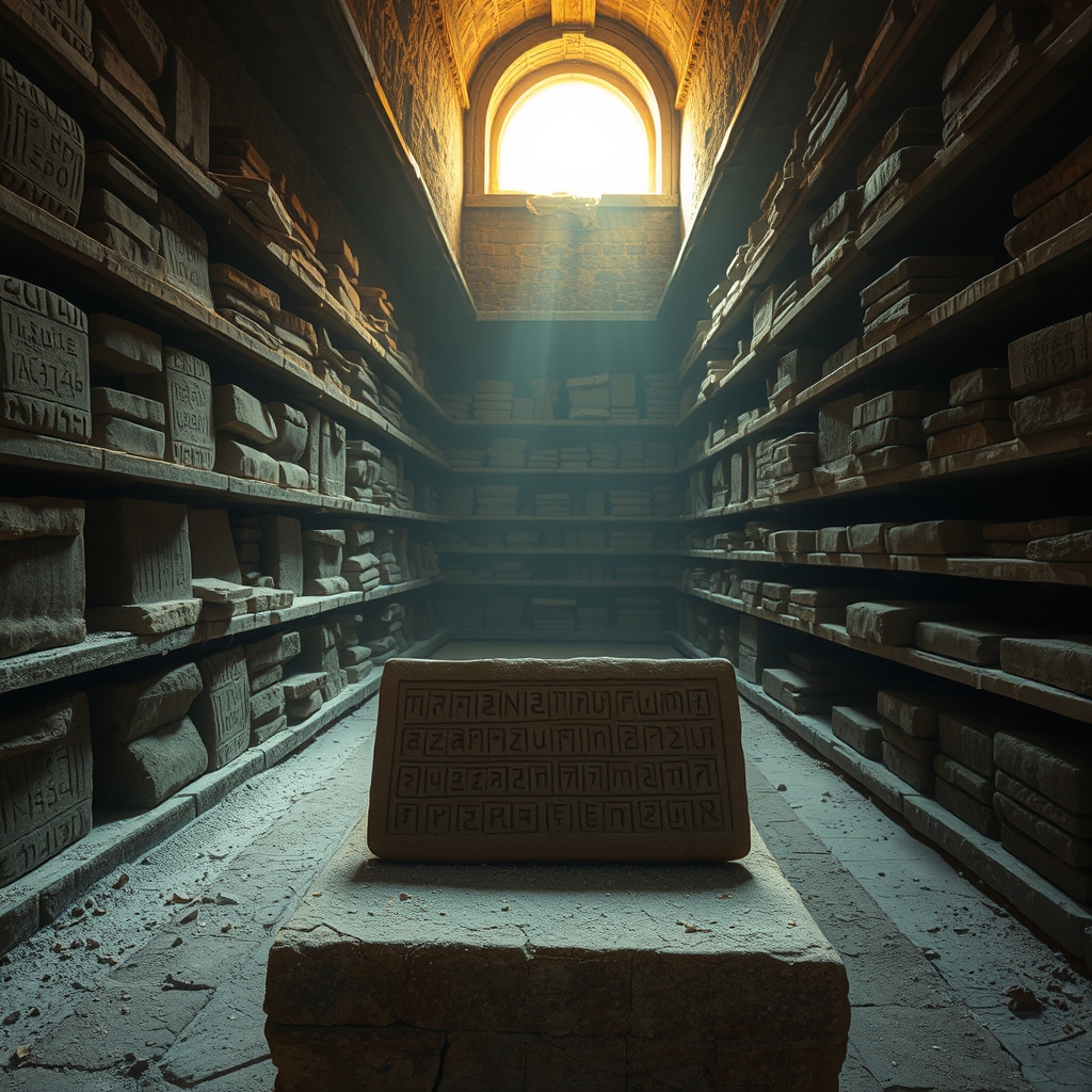 clay tablets on shelves
