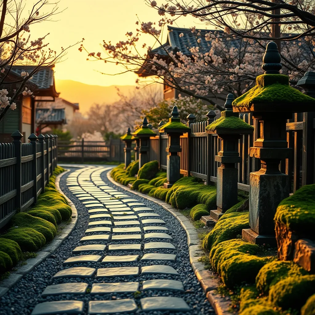 Japanese garden at sunset