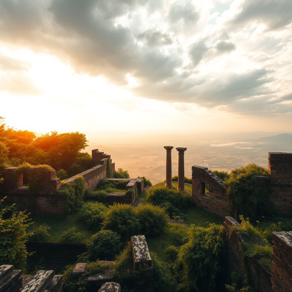 ruins in misty valley