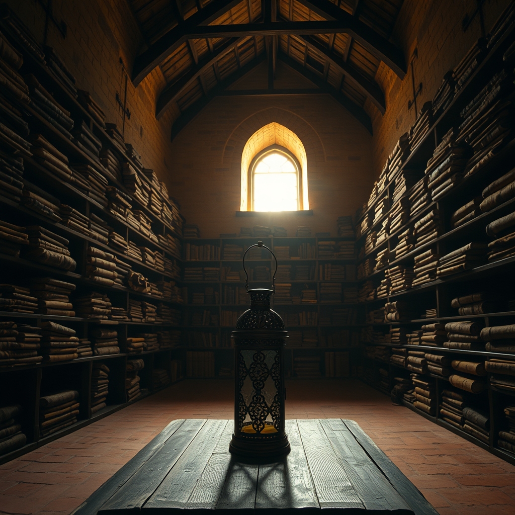 old books in dim room