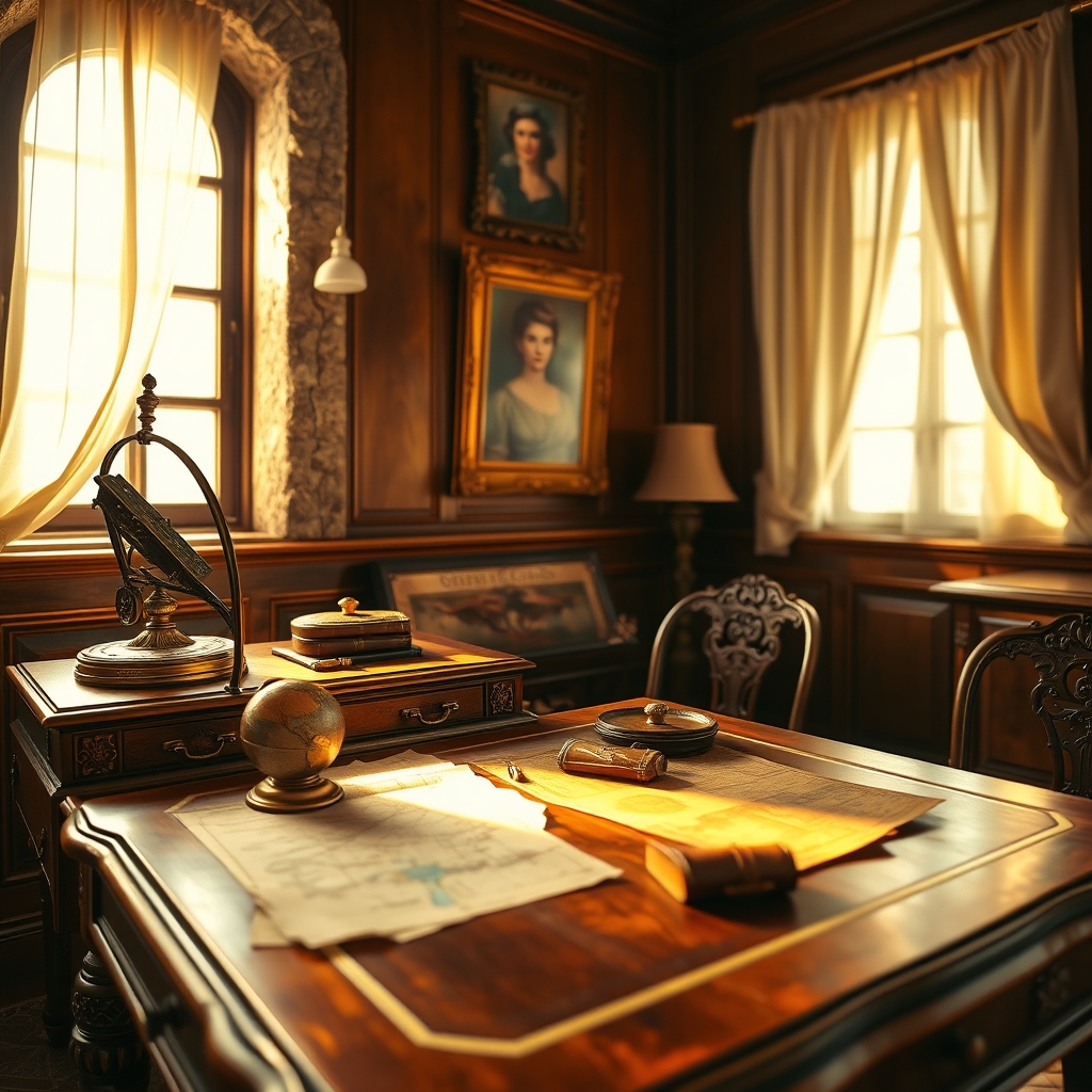 Woman's desk with globe and maps