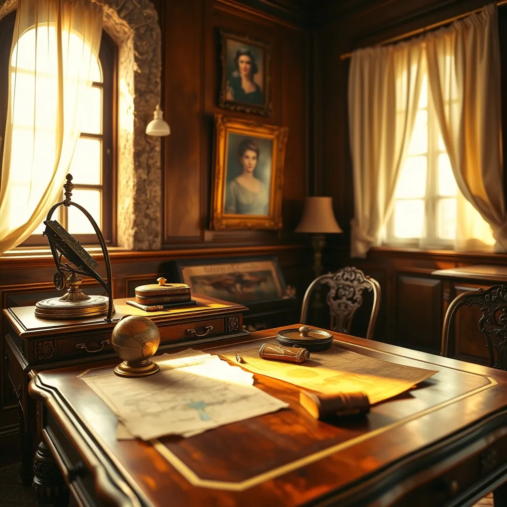 Woman's desk with globe and maps