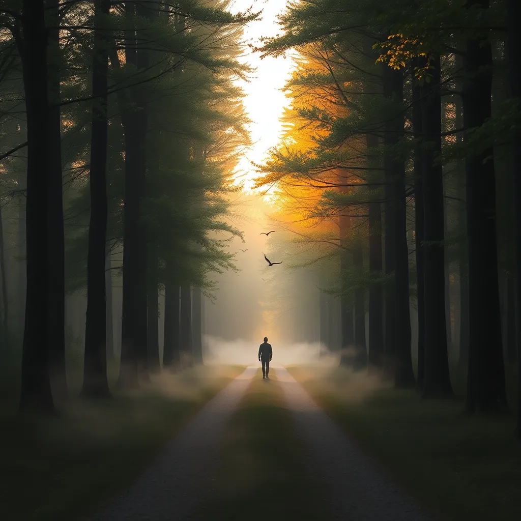 Person walking in misty forest