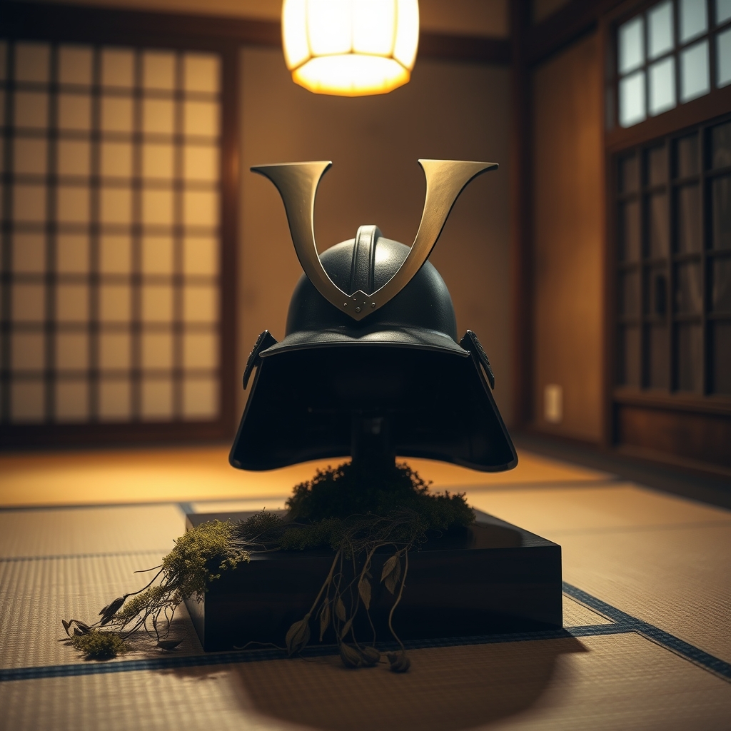 samurai helmet on pedestal