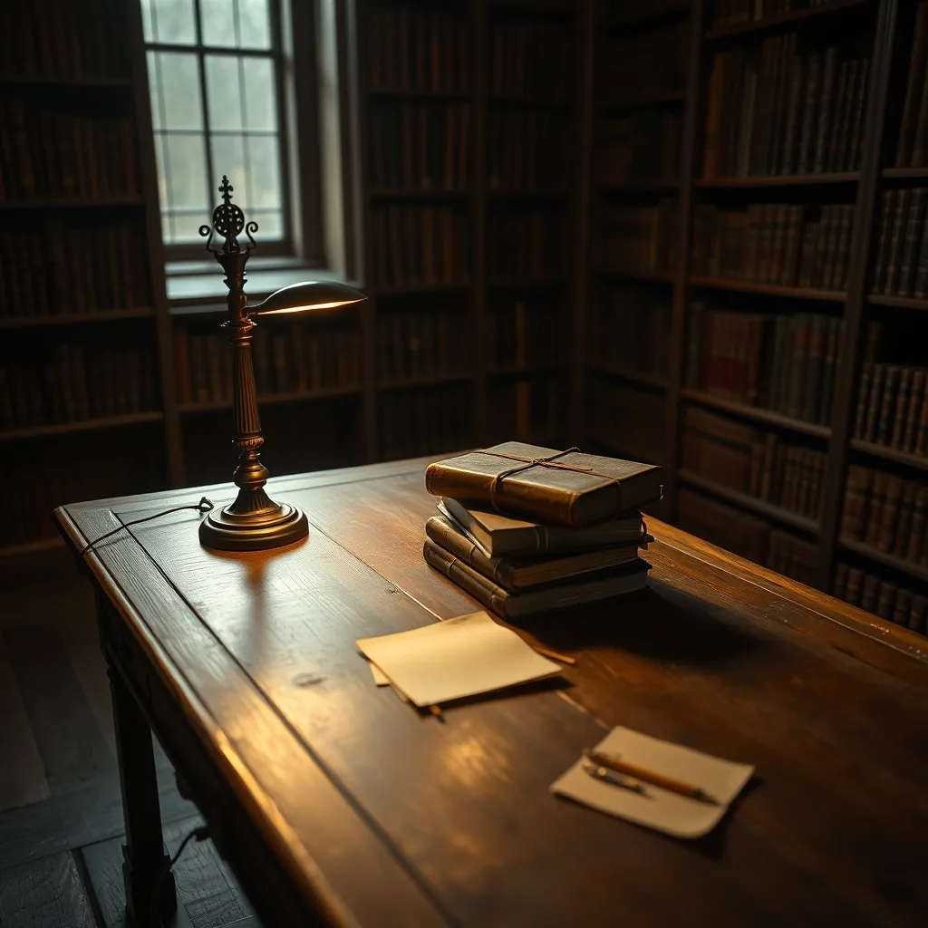 old desk with lamp and journals