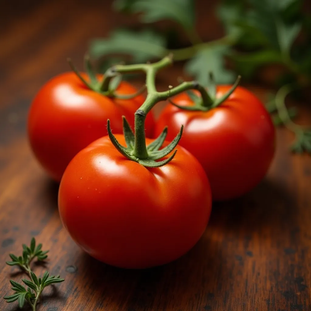 Tomatoes and basil on table