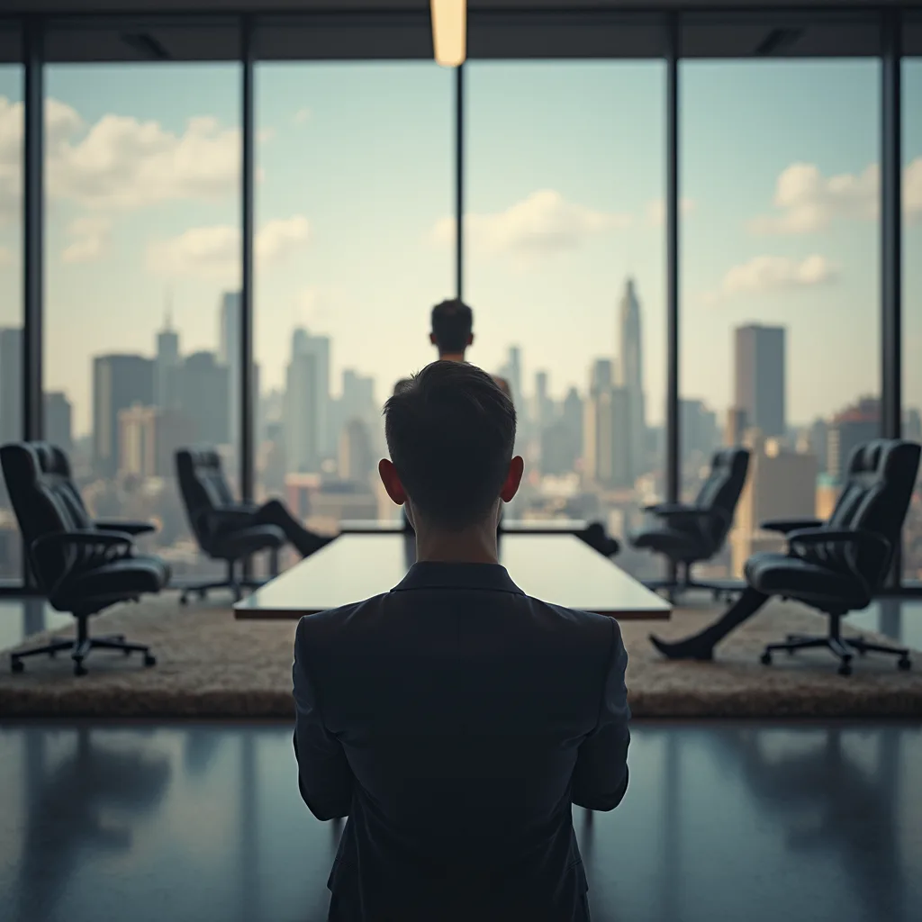 person alone in dim conference room