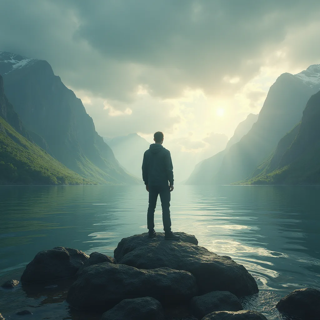 figure by lake
